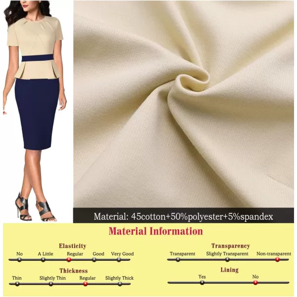 VFSHOW Womens Pleated Crew Neck Peplum Wear to Work Office Sheath DressBeige and Dark Blue