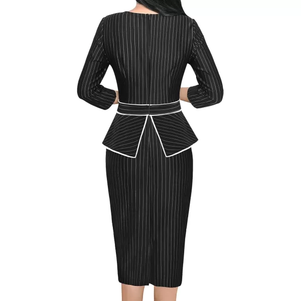 VFSHOW Womens Pleated Crew Neck Peplum Wear to Work Office Sheath DressBlack  White Stripes