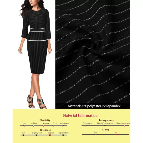 VFSHOW Womens Pleated Crew Neck Peplum Wear to Work Office Sheath DressBlack  White Stripes