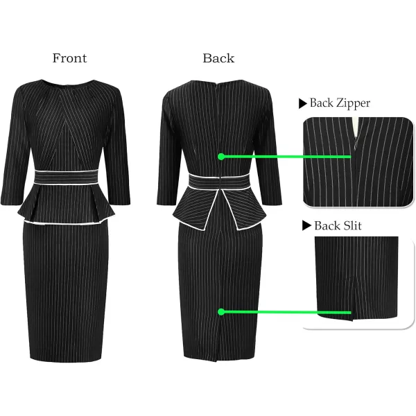 VFSHOW Womens Pleated Crew Neck Peplum Wear to Work Office Sheath DressBlack  White Stripes