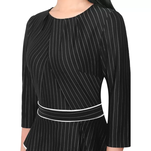 VFSHOW Womens Pleated Crew Neck Peplum Wear to Work Office Sheath DressBlack  White Stripes