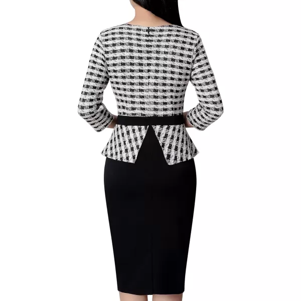 VFSHOW Womens Pleated Crew Neck Peplum Wear to Work Office Sheath DressBlack Beige Tweed Plaid  Black