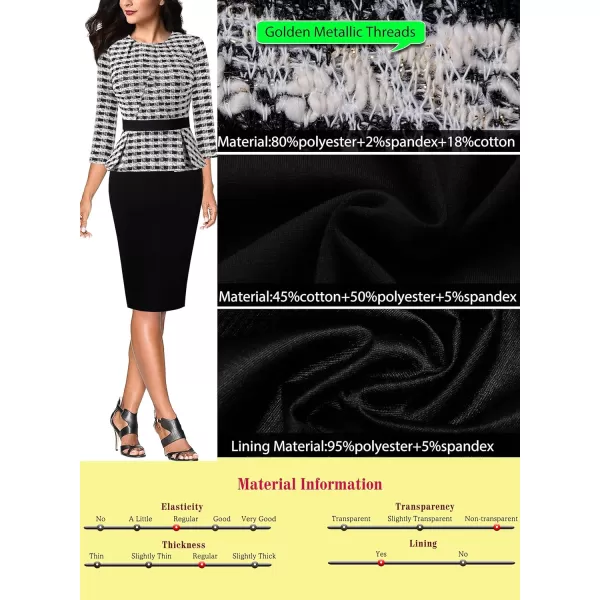 VFSHOW Womens Pleated Crew Neck Peplum Wear to Work Office Sheath DressBlack Beige Tweed Plaid  Black