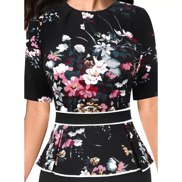 VFSHOW Womens Pleated Crew Neck Peplum Wear to Work Office Sheath DressBlack Floral and Black With White Piping