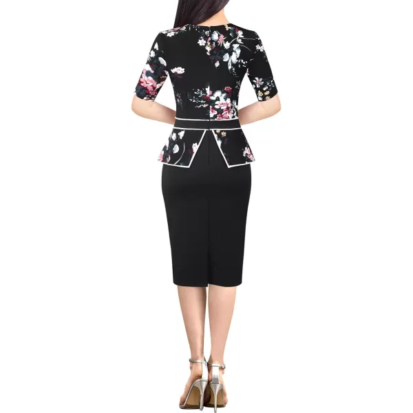 VFSHOW Womens Pleated Crew Neck Peplum Wear to Work Office Sheath DressBlack Floral and Black With White Piping