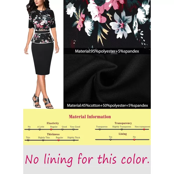 VFSHOW Womens Pleated Crew Neck Peplum Wear to Work Office Sheath DressBlack Floral and Black With White Piping