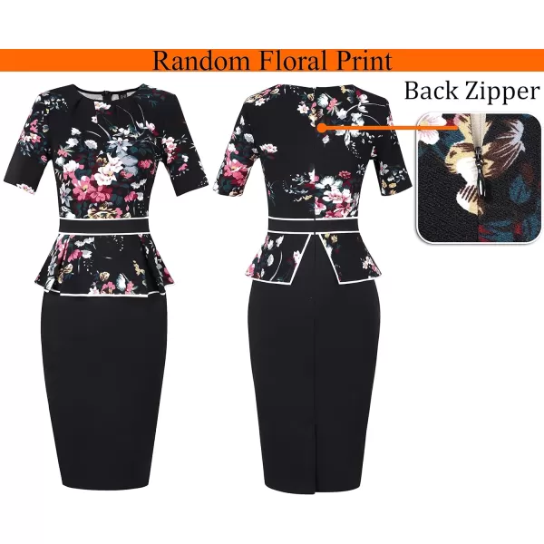 VFSHOW Womens Pleated Crew Neck Peplum Wear to Work Office Sheath DressBlack Floral and Black With White Piping