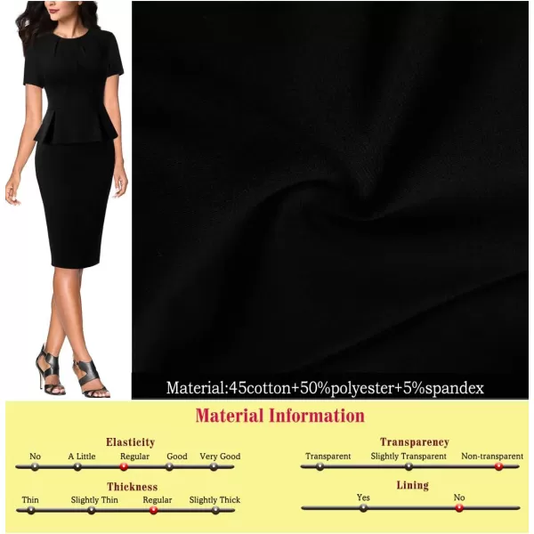 VFSHOW Womens Pleated Crew Neck Peplum Wear to Work Office Sheath DressBlack Short Sleeve