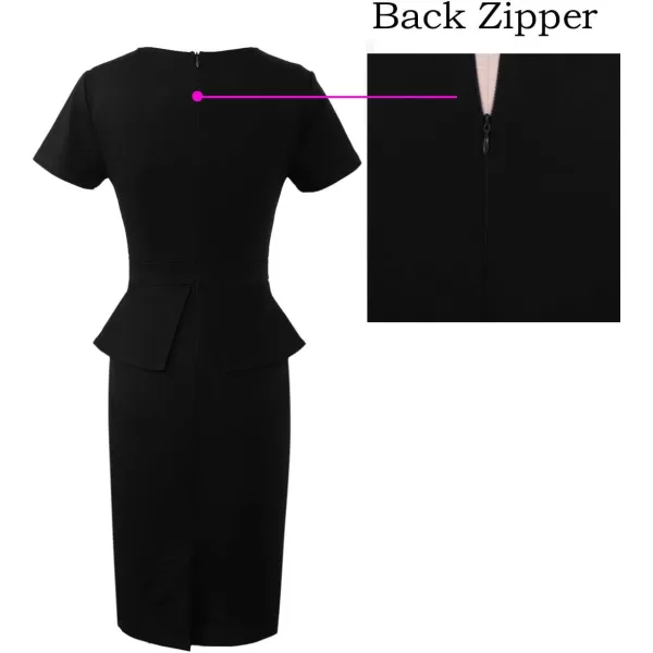 VFSHOW Womens Pleated Crew Neck Peplum Wear to Work Office Sheath DressBlack Short Sleeve