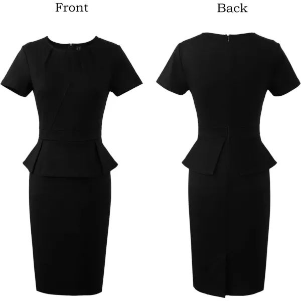 VFSHOW Womens Pleated Crew Neck Peplum Wear to Work Office Sheath DressBlack Short Sleeve