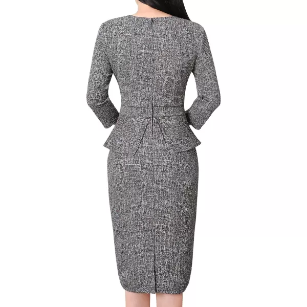 VFSHOW Womens Pleated Crew Neck Peplum Wear to Work Office Sheath DressBlack Tweed