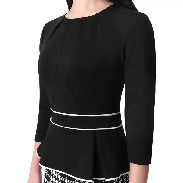 VFSHOW Womens Pleated Crew Neck Peplum Wear to Work Office Sheath DressBlack White Tartan Print2