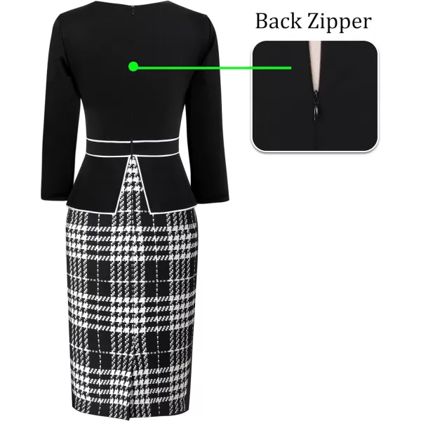 VFSHOW Womens Pleated Crew Neck Peplum Wear to Work Office Sheath DressBlack White Tartan Print2