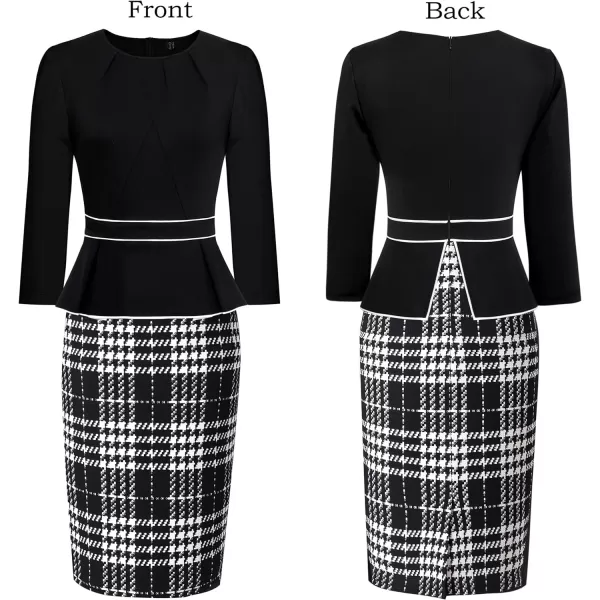 VFSHOW Womens Pleated Crew Neck Peplum Wear to Work Office Sheath DressBlack White Tartan Print2