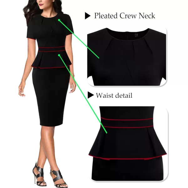 VFSHOW Womens Pleated Crew Neck Peplum Wear to Work Office Sheath DressBlack With Red Piping4