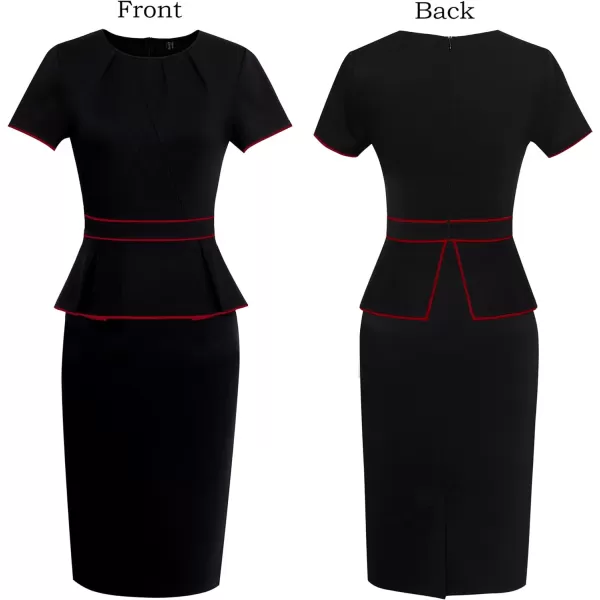 VFSHOW Womens Pleated Crew Neck Peplum Wear to Work Office Sheath DressBlack With Red Piping4