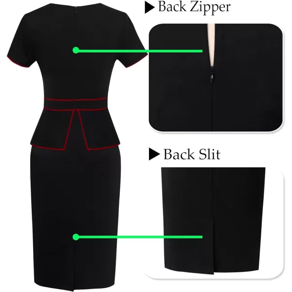 VFSHOW Womens Pleated Crew Neck Peplum Wear to Work Office Sheath DressBlack With Red Piping4