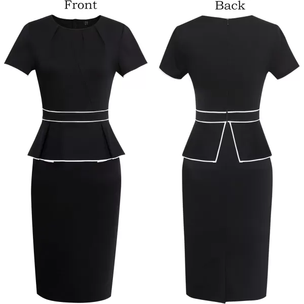 VFSHOW Womens Pleated Crew Neck Peplum Wear to Work Office Sheath DressBlack With White Piping