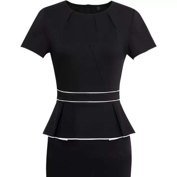 VFSHOW Womens Pleated Crew Neck Peplum Wear to Work Office Sheath DressBlack With White Piping