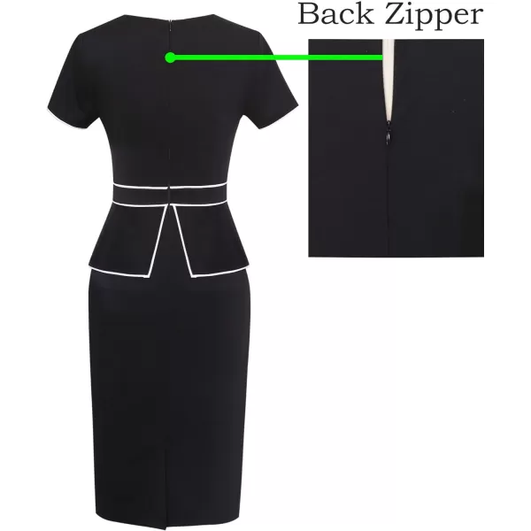 VFSHOW Womens Pleated Crew Neck Peplum Wear to Work Office Sheath DressBlack With White Piping