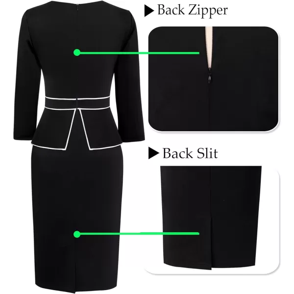 VFSHOW Womens Pleated Crew Neck Peplum Wear to Work Office Sheath DressBlack With White Piping2