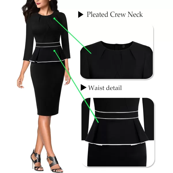 VFSHOW Womens Pleated Crew Neck Peplum Wear to Work Office Sheath DressBlack With White Piping2