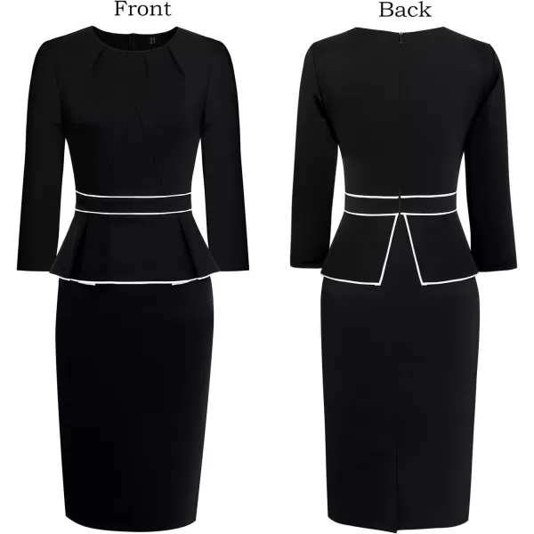 VFSHOW Womens Pleated Crew Neck Peplum Wear to Work Office Sheath DressBlack With White Piping2