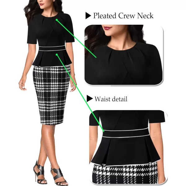 VFSHOW Womens Pleated Crew Neck Peplum Wear to Work Office Sheath DressBlack and Houndstooth Print