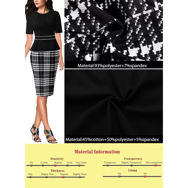 VFSHOW Womens Pleated Crew Neck Peplum Wear to Work Office Sheath DressBlack and Houndstooth Print