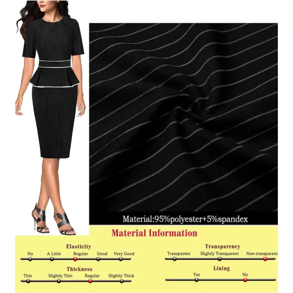 VFSHOW Womens Pleated Crew Neck Peplum Wear to Work Office Sheath DressBlack and White Stripes