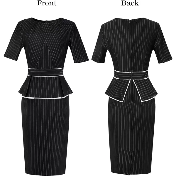 VFSHOW Womens Pleated Crew Neck Peplum Wear to Work Office Sheath DressBlack and White Stripes