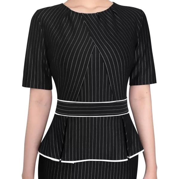 VFSHOW Womens Pleated Crew Neck Peplum Wear to Work Office Sheath DressBlack and White Stripes