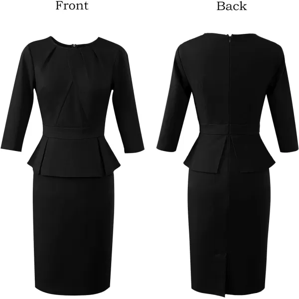 VFSHOW Womens Pleated Crew Neck Peplum Wear to Work Office Sheath DressBlack34 Sleeve5