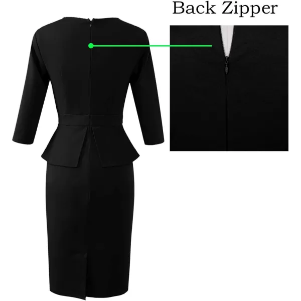 VFSHOW Womens Pleated Crew Neck Peplum Wear to Work Office Sheath DressBlack34 Sleeve5