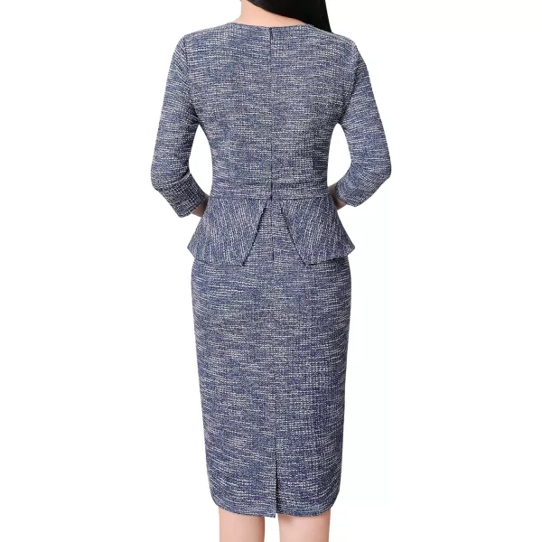 VFSHOW Womens Pleated Crew Neck Peplum Wear to Work Office Sheath DressBlue Tweed