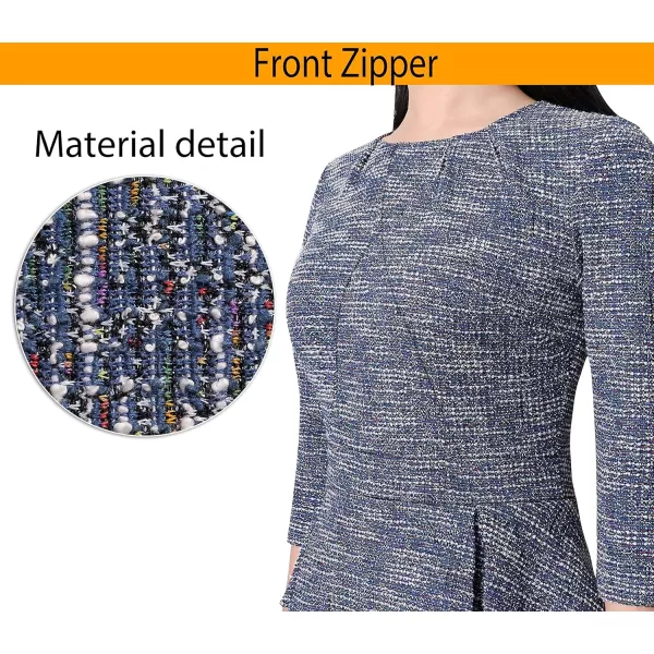 VFSHOW Womens Pleated Crew Neck Peplum Wear to Work Office Sheath DressBlue Tweed