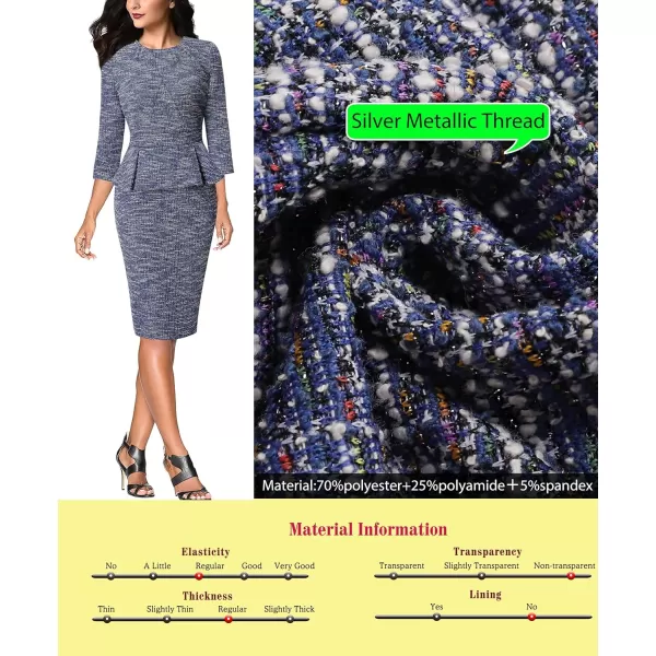 VFSHOW Womens Pleated Crew Neck Peplum Wear to Work Office Sheath DressBlue Tweed