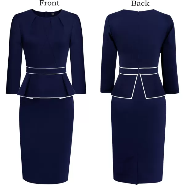 VFSHOW Womens Pleated Crew Neck Peplum Wear to Work Office Sheath DressBlue With White Piping2