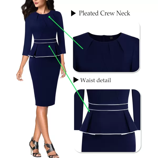 VFSHOW Womens Pleated Crew Neck Peplum Wear to Work Office Sheath DressBlue With White Piping2