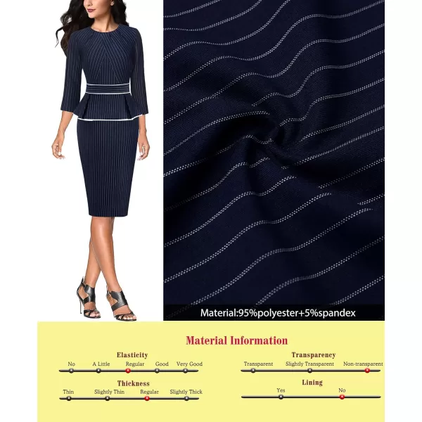 VFSHOW Womens Pleated Crew Neck Peplum Wear to Work Office Sheath DressDark Blue  White Stripes