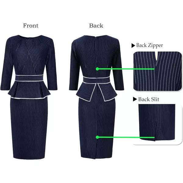 VFSHOW Womens Pleated Crew Neck Peplum Wear to Work Office Sheath DressDark Blue  White Stripes