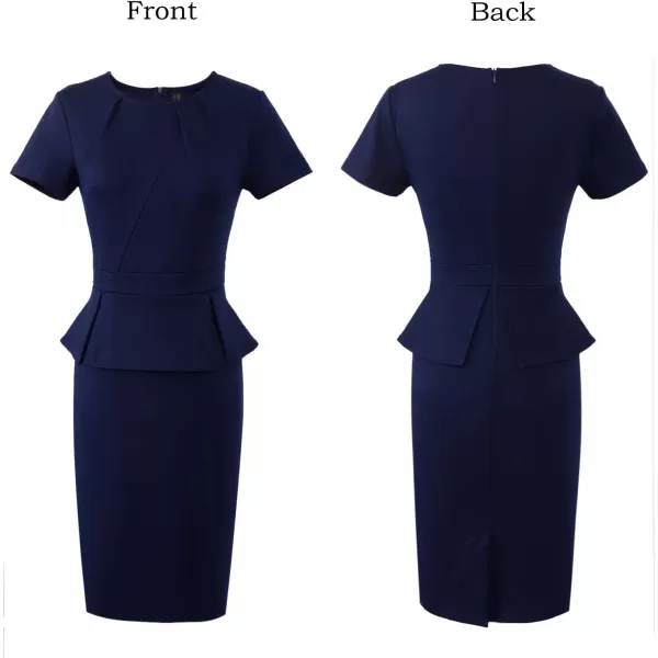 VFSHOW Womens Pleated Crew Neck Peplum Wear to Work Office Sheath DressDark Blue Short Sleeve