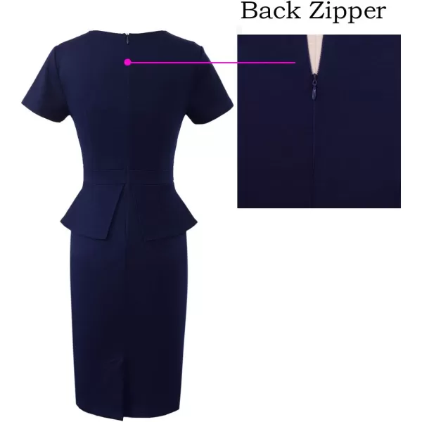 VFSHOW Womens Pleated Crew Neck Peplum Wear to Work Office Sheath DressDark Blue Short Sleeve