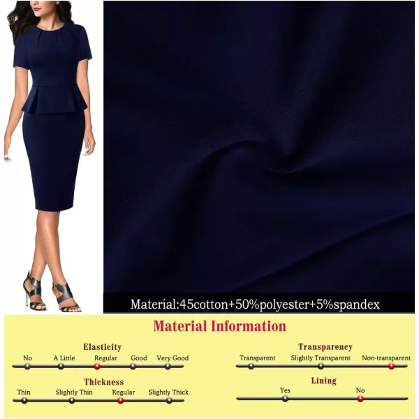 VFSHOW Womens Pleated Crew Neck Peplum Wear to Work Office Sheath DressDark Blue Short Sleeve