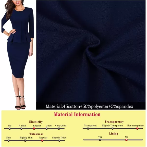 VFSHOW Womens Pleated Crew Neck Peplum Wear to Work Office Sheath DressDark Blue Three Quarter Sleeve