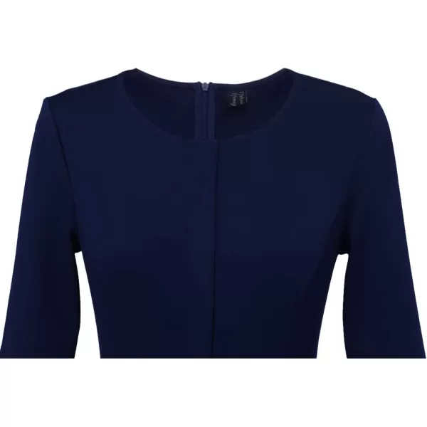 VFSHOW Womens Pleated Crew Neck Peplum Wear to Work Office Sheath DressDark Blue Three Quarter Sleeve