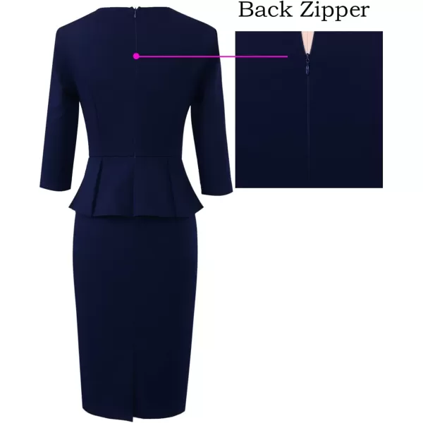 VFSHOW Womens Pleated Crew Neck Peplum Wear to Work Office Sheath DressDark Blue Three Quarter Sleeve