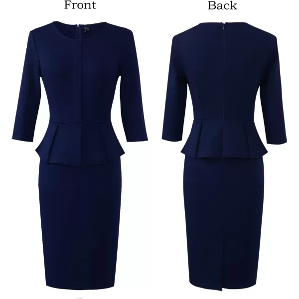 VFSHOW Womens Pleated Crew Neck Peplum Wear to Work Office Sheath DressDark Blue Three Quarter Sleeve