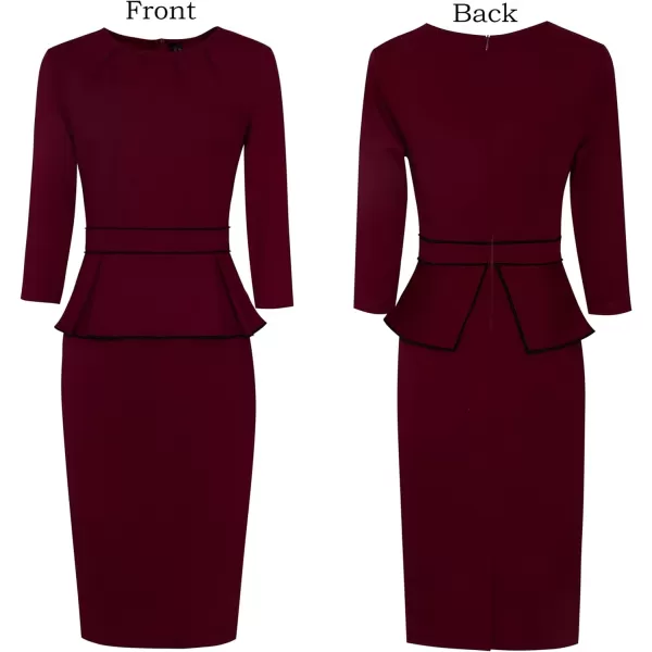 VFSHOW Womens Pleated Crew Neck Peplum Wear to Work Office Sheath DressDark Red  Black Piping