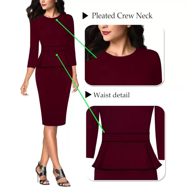 VFSHOW Womens Pleated Crew Neck Peplum Wear to Work Office Sheath DressDark Red  Black Piping